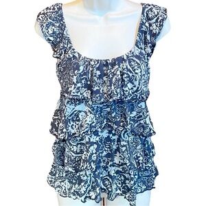 Express floral ruffle stretchy scoop neck pullover tank top xs blue white